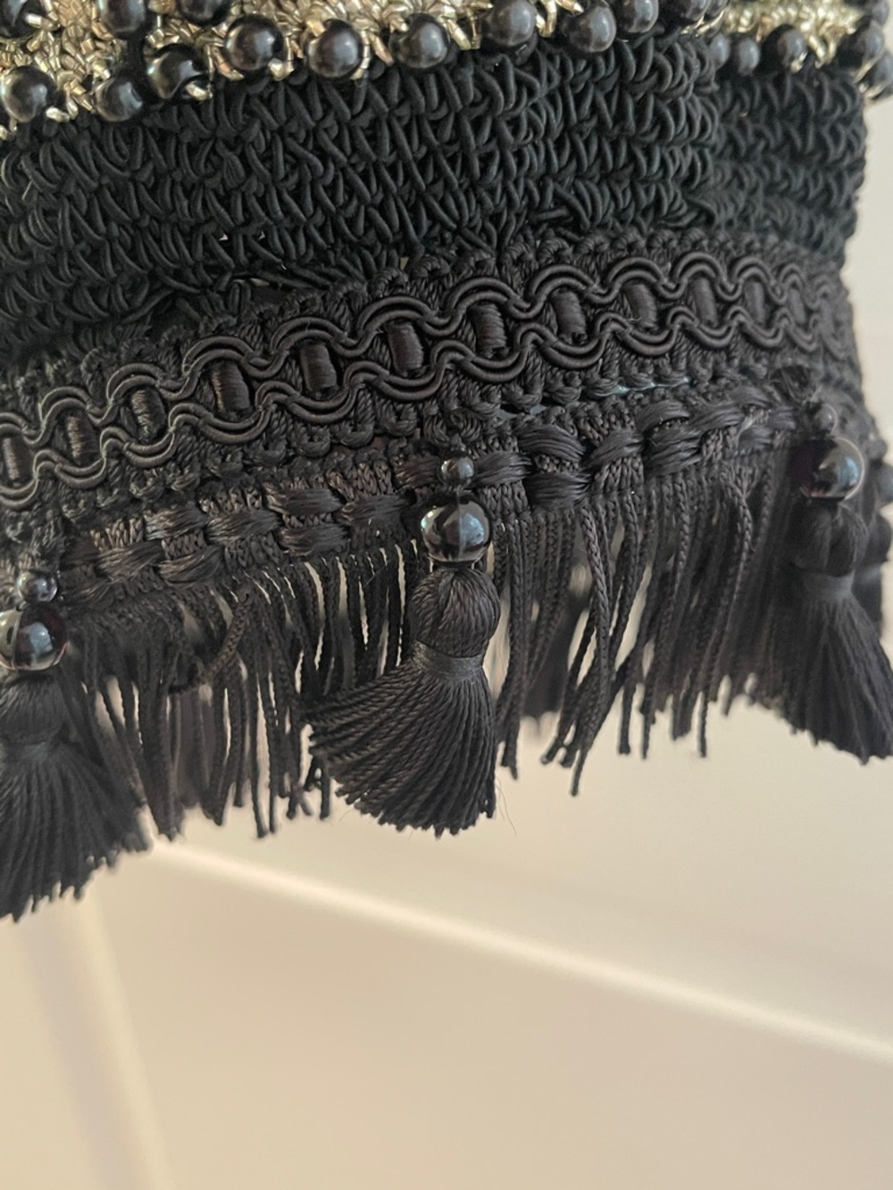 Boho Macramé Black Beaded Fringe Drawstring Satchel / resin bottom - Picture 11 of 13
